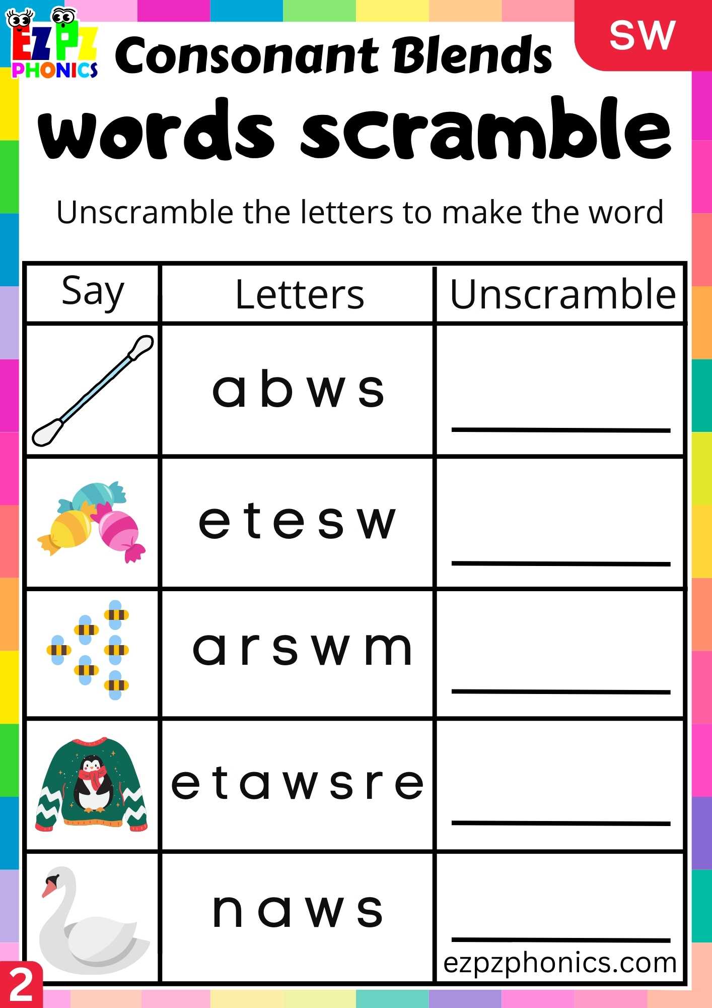 Group2 SW Words Words Scramble Phonics Consonant Blends Worksheet